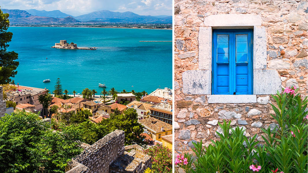 blått fönster och blommor vid stenhus och öppet hav vid nafplio, grekland